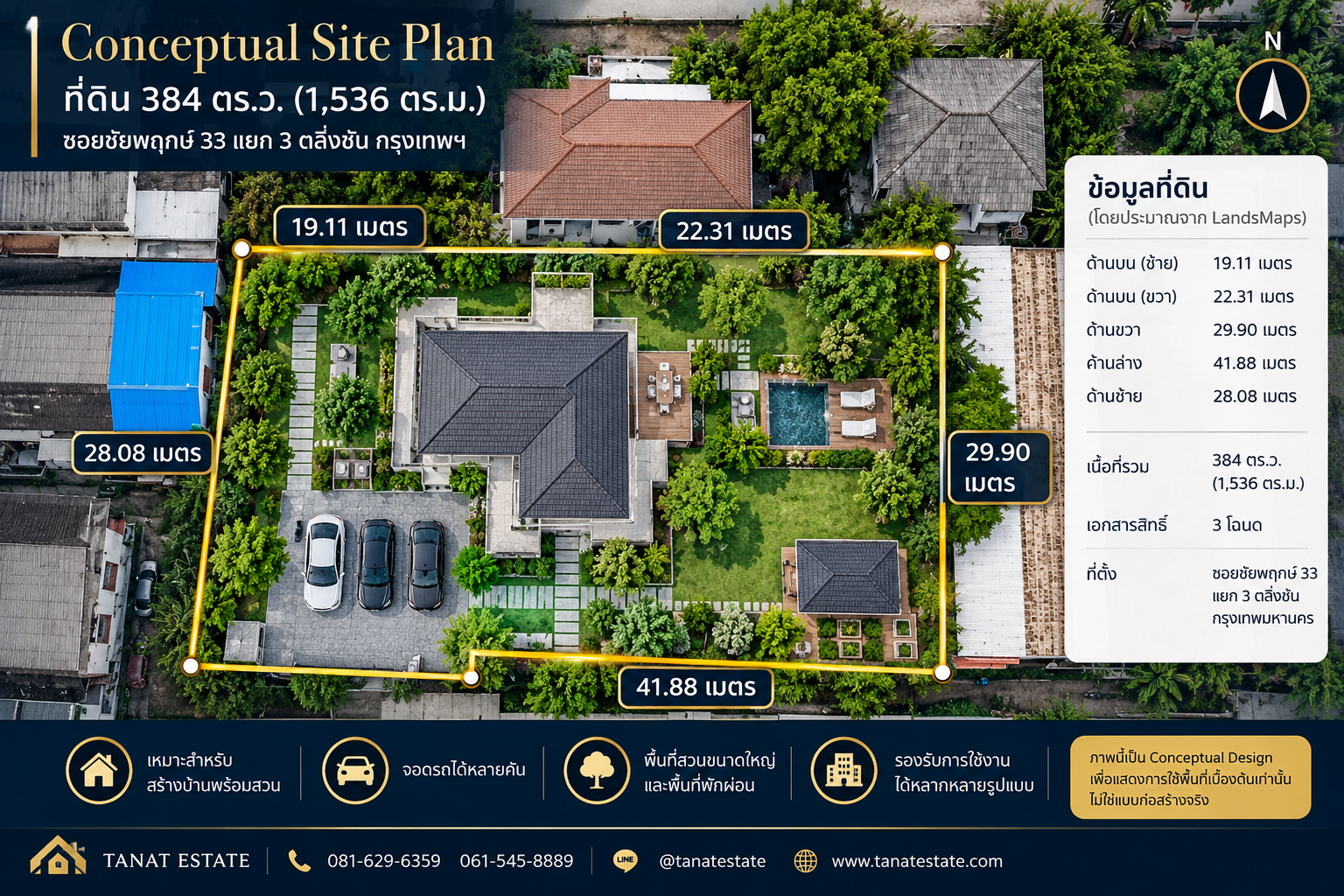 [แทรกภาพที่ 2: Conceptual Site Plan ที่จัดทำใหม่จากรูปแปลง 384 ตร.ว.]
